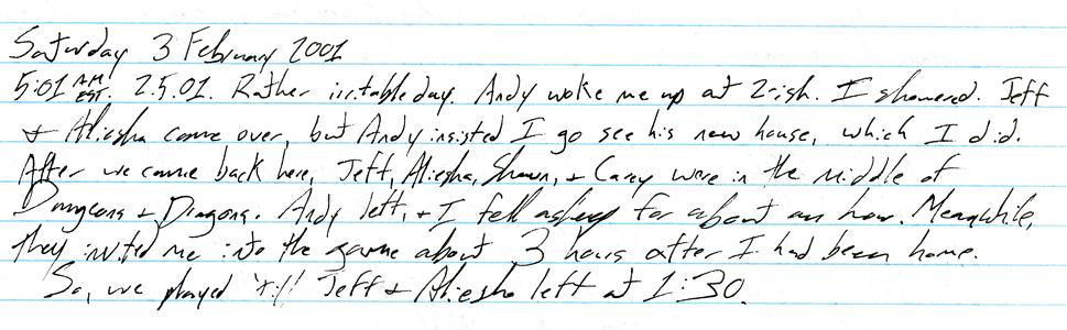 josh's logbook entry february 2001